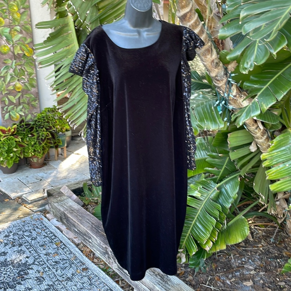 velvet and sheer sequin puff sleeve dress